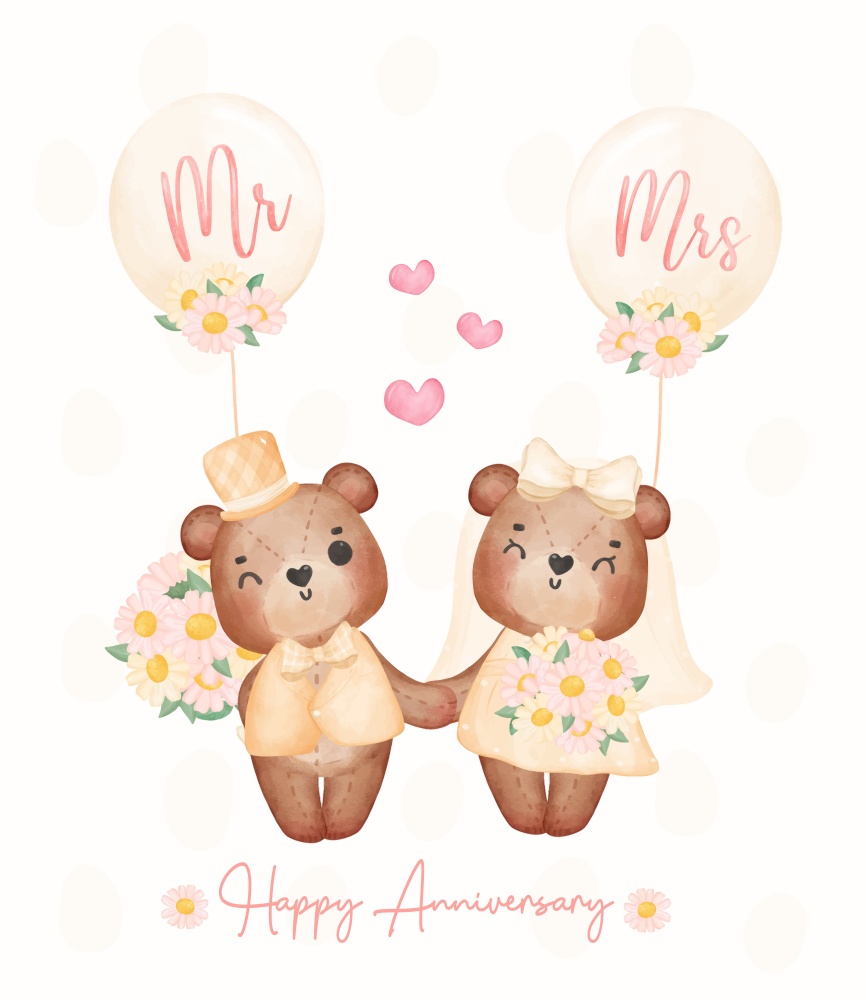 watercolour cute two couple Wedding brown teddy bears in groom and bride hold hand, Mr. and Mrs., cartoon character hand drawing illustration vector