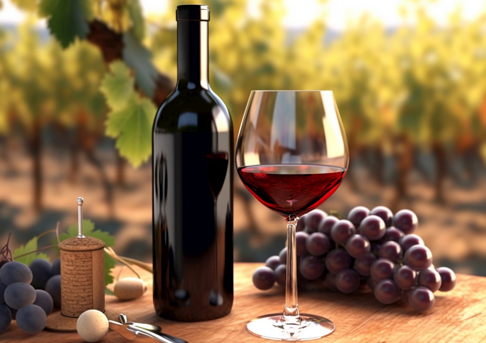 Glass and bottle of red wine with grapes on table in vineyard during warm summer evening.AI Generative