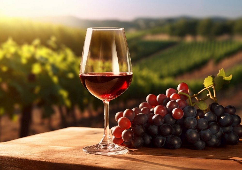 Glass of red wine with grapes on table in vineyard during warm summer evening.Landscape.AI Generative