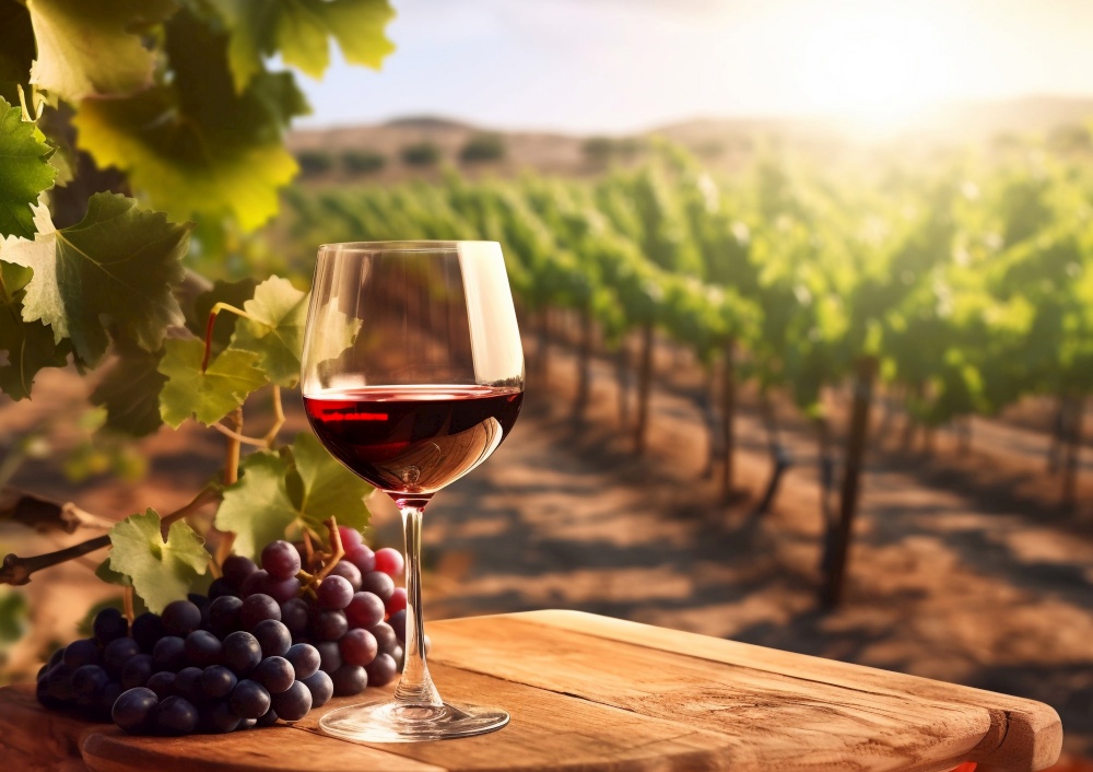 Glass of red wine with grapes on table in vineyard during warm summer evening.Landscape.AI Generative