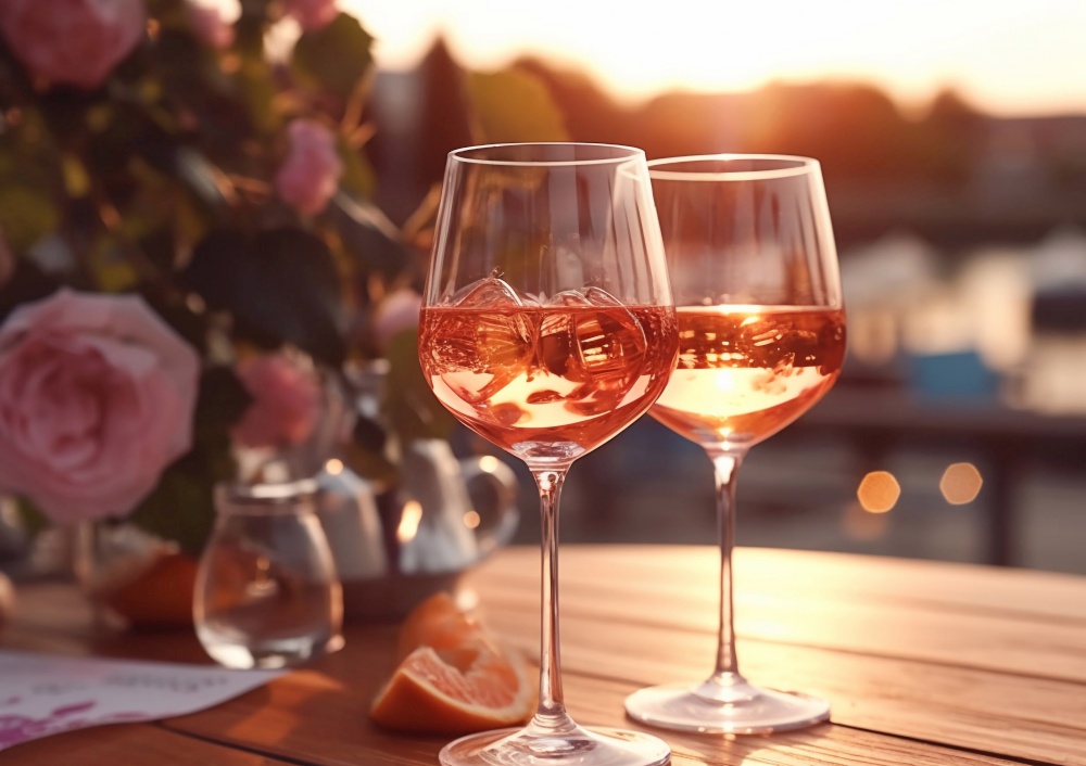 Glassess of cold pink rose homemade wine on table of summer restaurant terace.AI Generative.