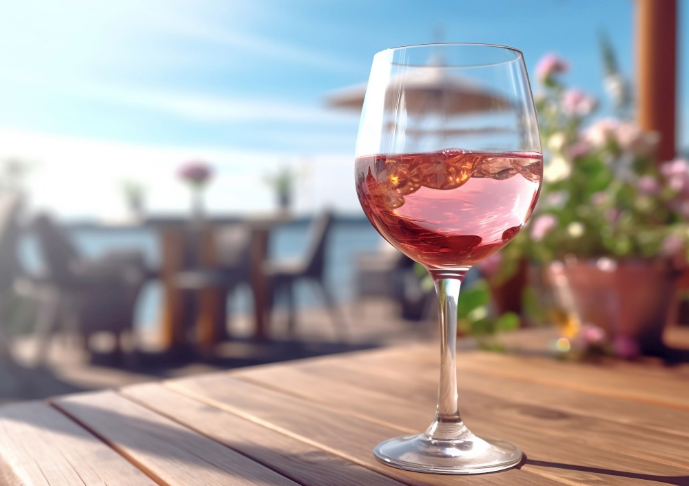 Glass of cold pink rose wine on table of summer restaurant terace.AI Generative.