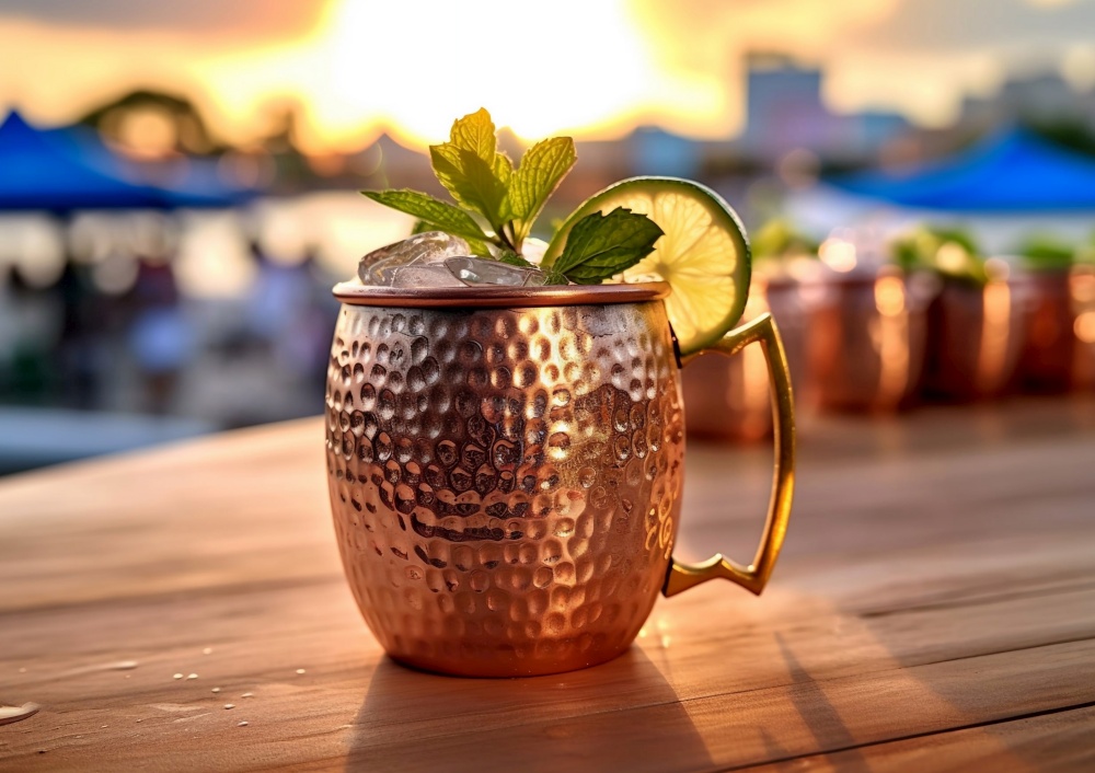 Vodka and gin moscow mule cocktail on summer bar terrace.AI Generative