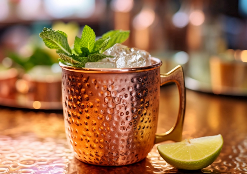 Moscow mule cocktail with lime slice on bar counter.AI Generative