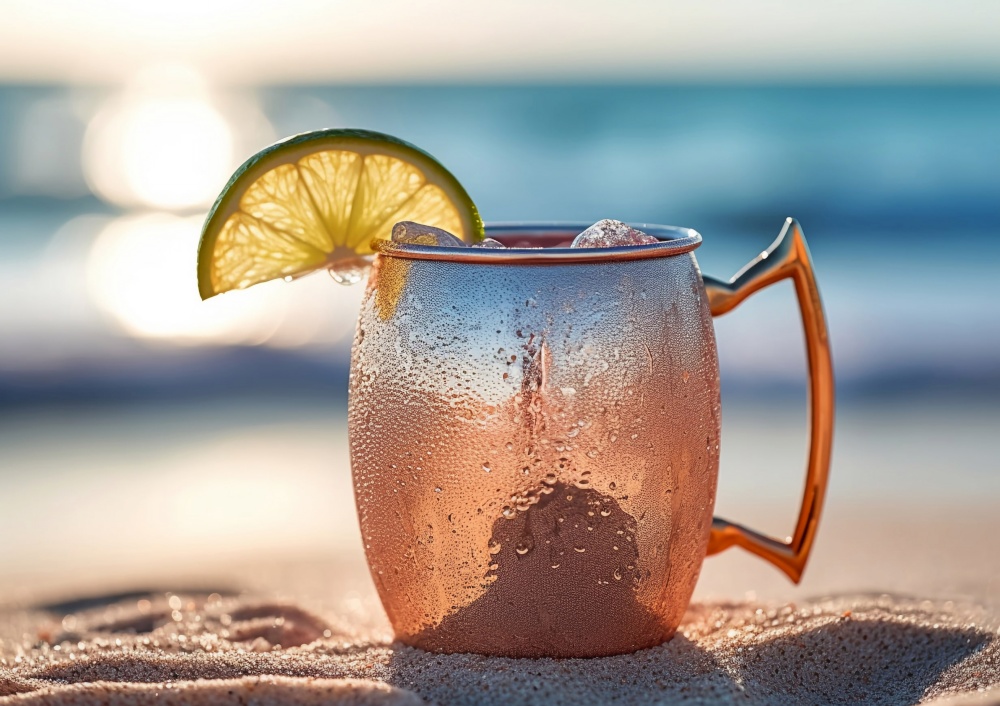 Glass of moscow mule cocktail on the beach.AI Generative