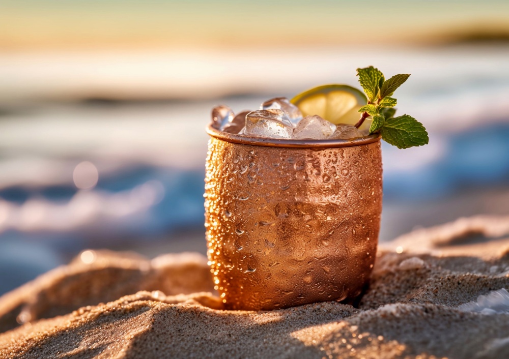 Copper glass of moscow mule cocktail on the beach.AI Generative