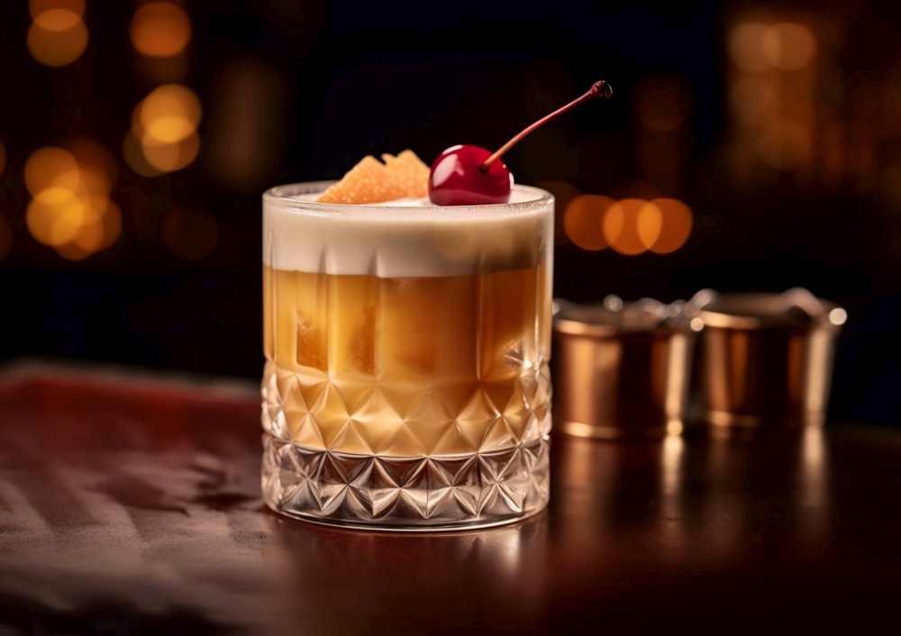 Whiskey sour cocktail with egg white and cherry on table.AI Generative