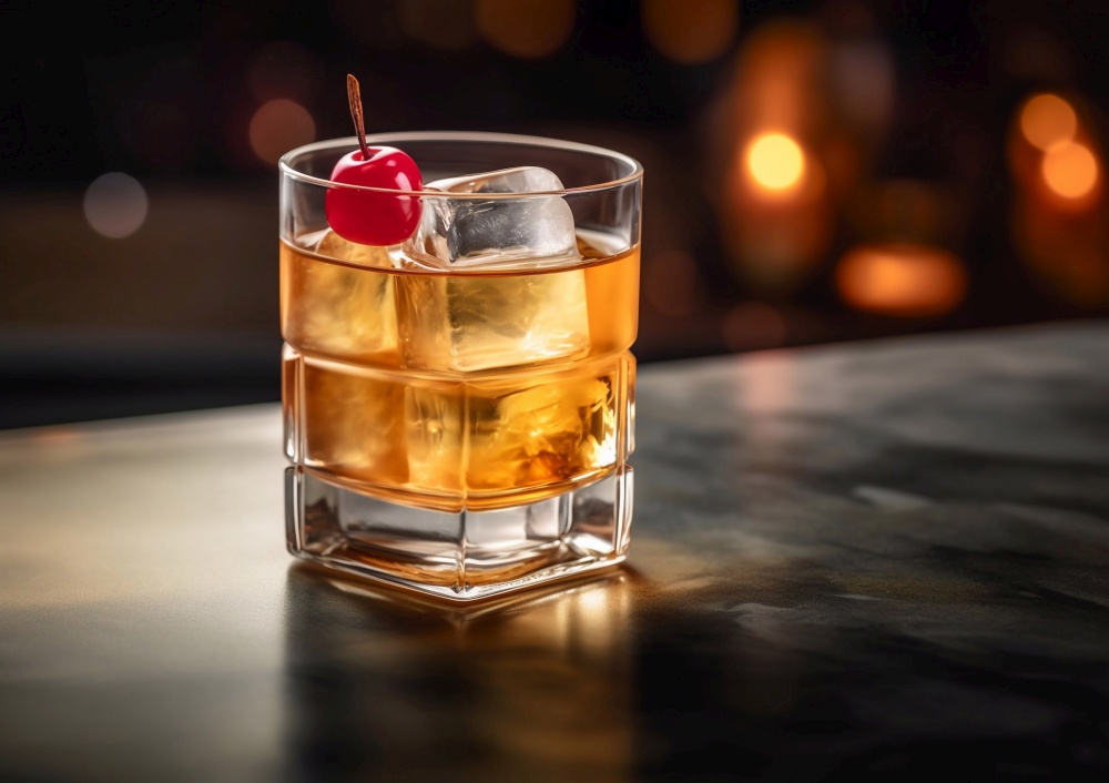 Whiskey sour cocktail with ice and cherry on bar counter.AI Generative