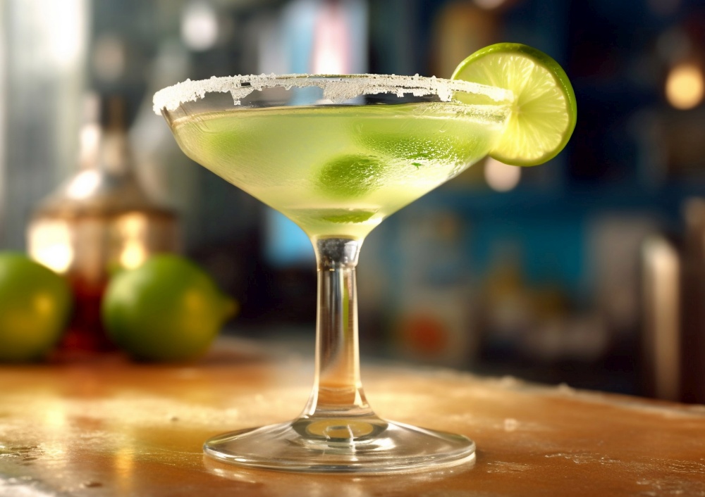 Margarita cocktail with lime slice on bar counter.AI Generative