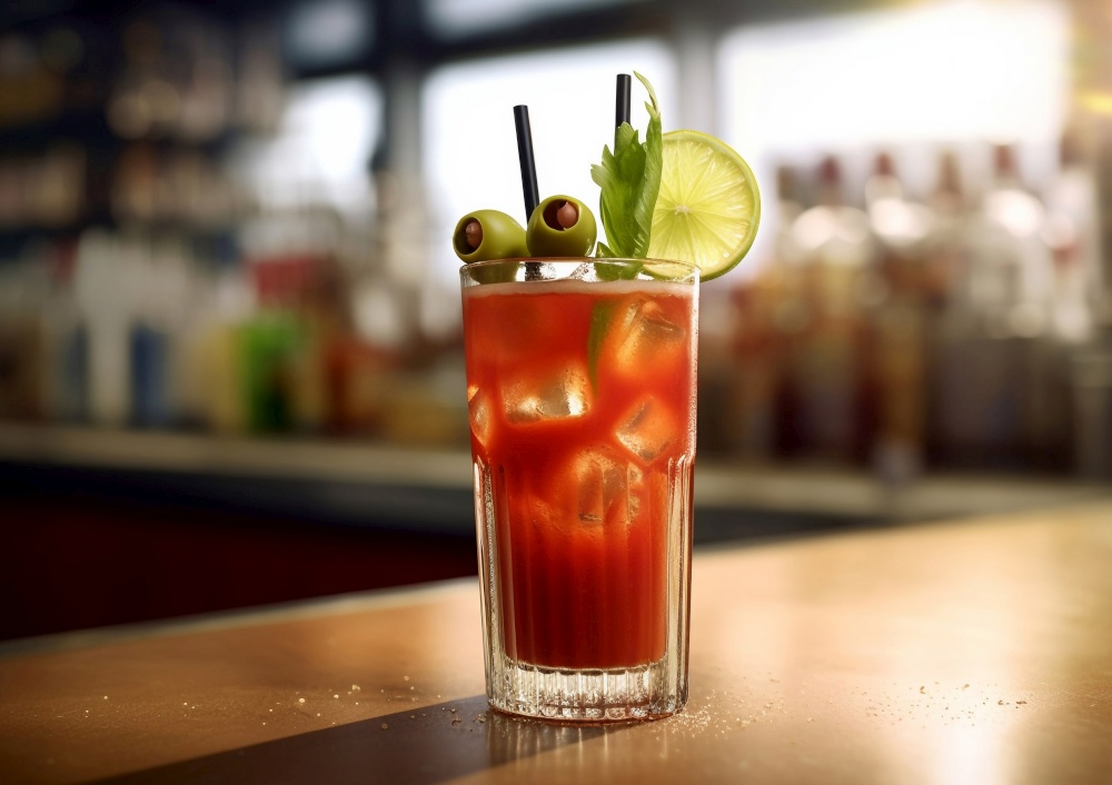 Bloody mary cocktail with celery and lime on bar counter.AI Generative.