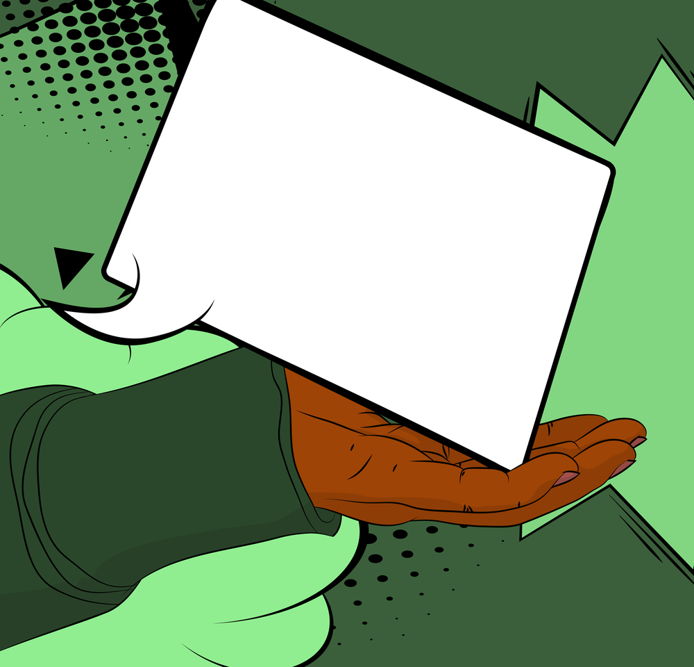 Comic Book Man's Hand Holding a blank speech bubble in his palm. Abstract pop art green background for Advertisement. Retro poster Template.