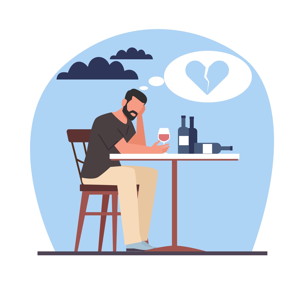 Man sits in bar drinking wine, young sad man, upset about breakup of relationship. Depression and loneliness, alcoholism disease. Alone boy drinks alcohol beverages. Cartoon flat style vector concept. Man sits in bar drinking wine, young sad man, upset about breakup of relationship. Depression and loneliness, alcoholism disease. Alone boy drinks alcohol beverages. Cartoon flat vector concept