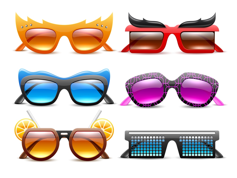 Realistic carnival glasses. Funny party sunglasses, different shapes and colors, decorative frames, eye protection from sun, fun fashion trendy accessories, 3d isolated elements, utter vector set. Realistic carnival glasses. Funny party sunglasses, different shapes and colors, decorative frames, eye protection from sun, fashion trendy accessories, 3d isolated elements, utter vector set