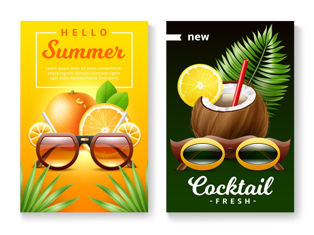 Sunglasses summer banners. Realistic glasses in funny bright frames, tropical fruits, coconut and orange, beach party, fresh cocktails. Poster with copy space, 3d isolated elements, utter vector set. Sunglasses summer banners. Realistic glasses in funny bright frames, tropical fruits, coconut and orange, beach party time. Poster with copy space, 3d isolated elements, utter vector set