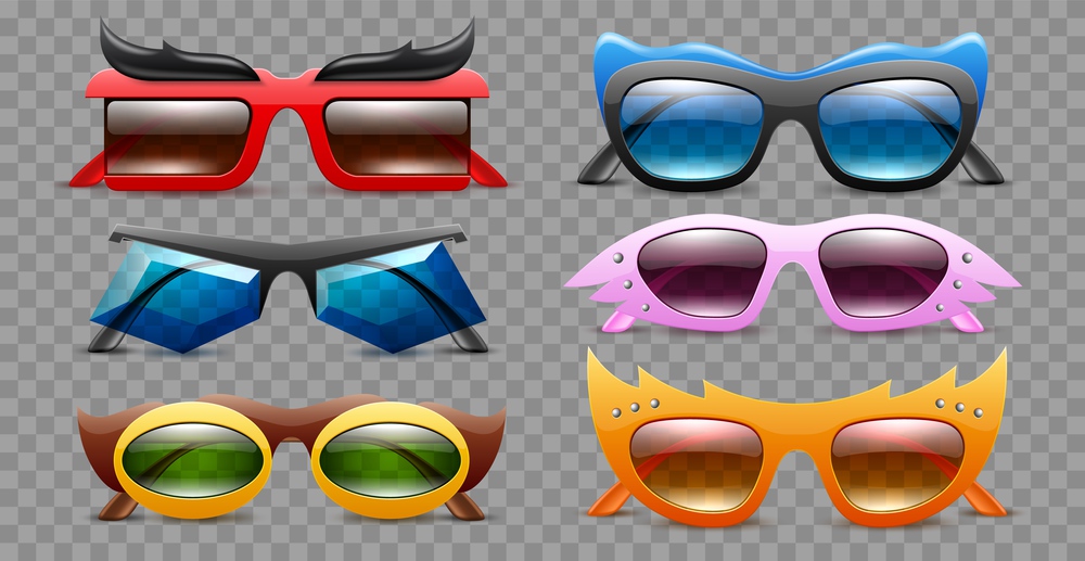 Carnival sunglasses. Realistic decorative party glasses, masquerade carnival accessories collection, different shapes, colors frames, summer fun fashion trendy 3d isolated elements, utter vector set. Carnival sunglasses. Realistic decorative party glasses, masquerade carnival accessories collection, different shapes, colors frames, fun fashion trendy 3d isolated elements, utter vector set