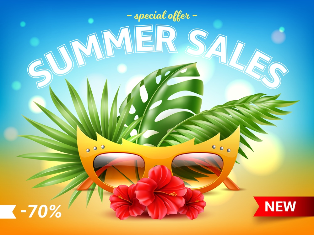 Sunglasses sale summer poster. Realistic beach glasses in funny frame, palm leaves, bright hibiscus flowers on sand, tropical 3d elements web banner design, special discount offer utter vector concept. Sunglasses sale summer poster. Realistic beach glasses in funny frame, palm leaves, bright hibiscus flowers on sand, tropical 3d elements web banner design, special offer utter vector concept