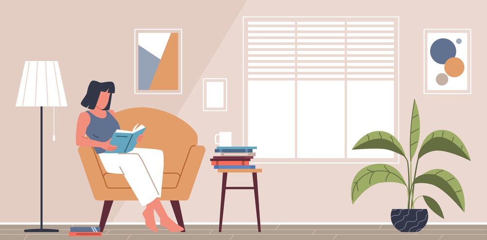 Girl reads book in room. Comfortable chair in cozy interior, exam preparation, woman resting with literature volume cartoon flat style isolated illustration. Nowaday vector hobby and education concept. Girl reads book in room. Comfortable chair in cozy interior, exam preparation, woman resting with literature volume cartoon flat isolated illustration. Nowaday vector hobby and education concept