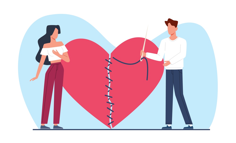 Concept of mending interrupted relationship, guy stitching up torn heart with needle and thread. Man and woman breakup. Pair divorce and reconciliation. Vector cartoon flat style isolated illustration. Concept of mending interrupted relationship, guy stitching up torn heart with needle and thread. Man and woman breakup. Pair divorce and reconciliation. Vector cartoon flat isolated illustration