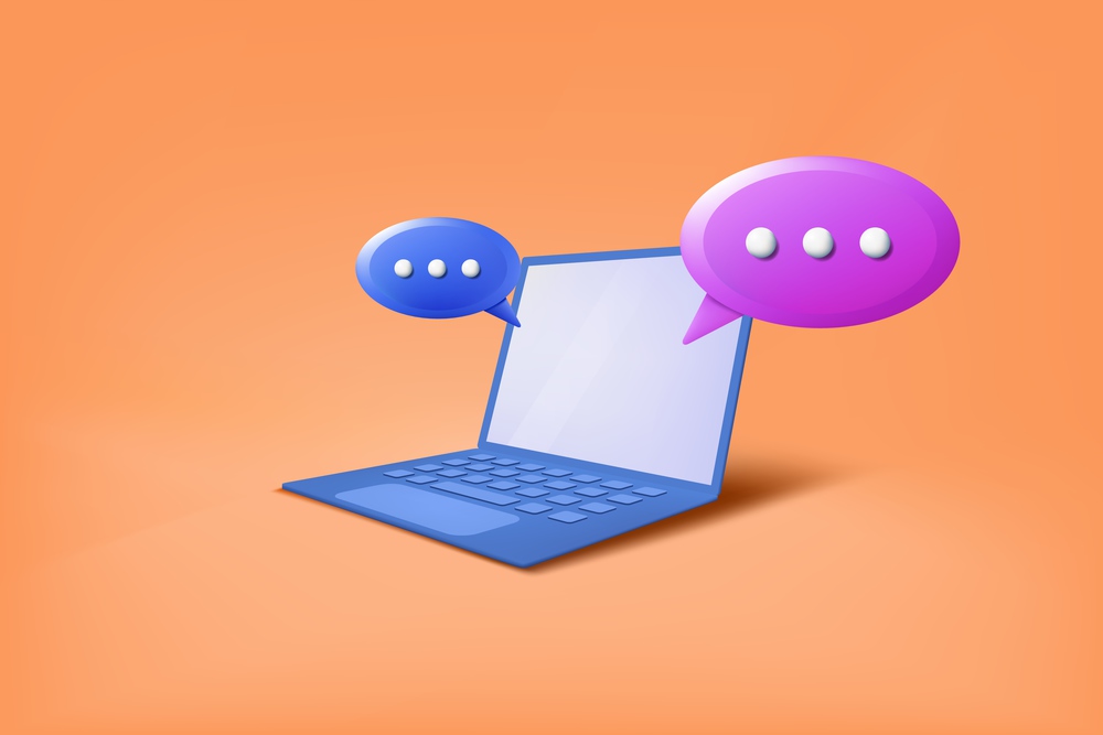 3D laptop icon. Speech bubble in notebook. Discussion screen render. Balloon for web chatting. Online talk. Digital communication. Internet messenger. Computer technology. Vector illustration concept. 3D laptop icon. Speech bubble in notebook. Discussion screen render. Balloon for web chatting. Digital communication. Internet messenger. Computer technology. Vector illustration concept
