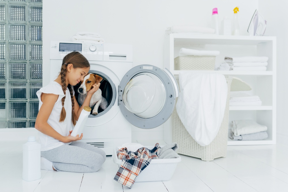 Small child plays with dog russell terrier, poses on knees near washing machine, busy with housekeeping and doing laundry, holds white bottle with washing powder, wears domestic comfortable clothes.