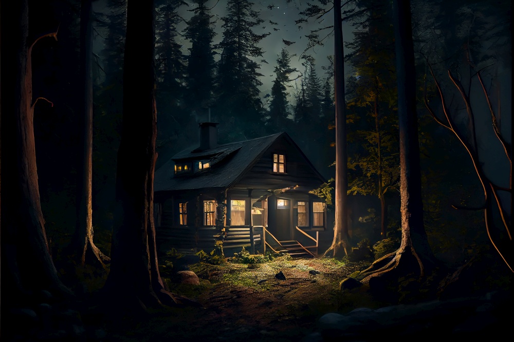 A cabin in the forest at night ai generated