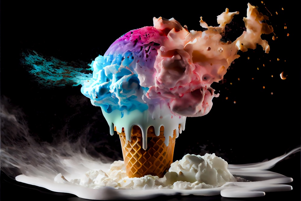 Multi colored icecream splash scene ai generated