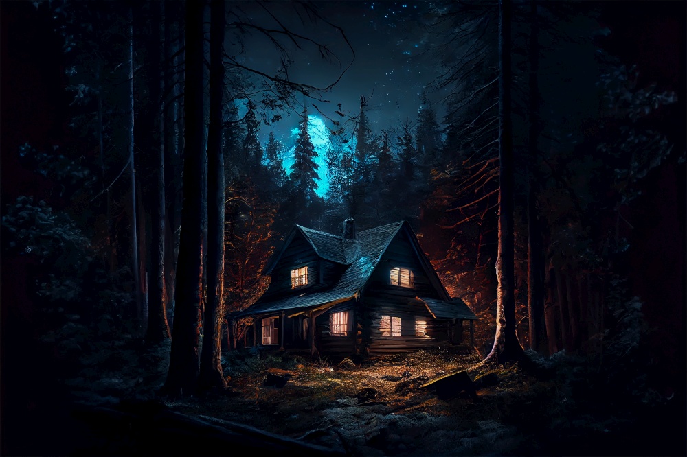 Scary cabin in the woods scene ai generated