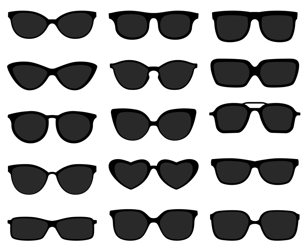 Black sunglasses icon set. Dark optic glasses and frames isolated on white. Back lens with stylish plastic rims of different shapes as oval, square and heart for vacation or summer period vector. Black sunglasses icon set. Dark optic glasses and frames isolated on white. Black lens with stylish plastic rims