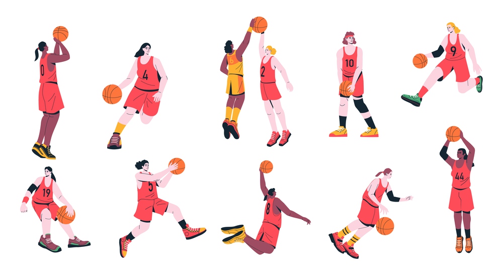Girl basketball players. Cartoon woman characters playing sport game, female athletes in uniform training throwing ball in basket. Vector colorful set. Athletes participating in championship. Girl basketball players. Cartoon woman characters playing sport game, female athletes in uniform training throwing ball in basket. Vector colorful set
