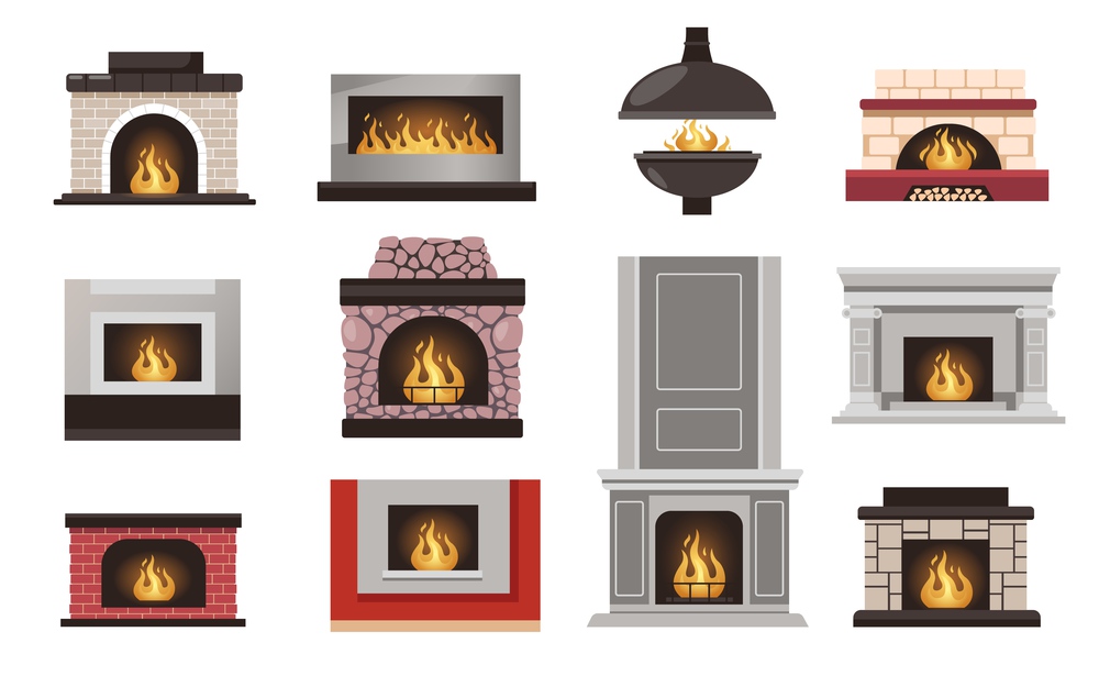 Home fireplace collection. Cartoon house hearth with grate and firewood flame, flat electric coal gas bio-fuel stove cozy winter relaxation. Vector set. Burning wood, cozy and comfortable interior. Home fireplace collection. Cartoon house hearth with grate and firewood flame, flat electric coal gas bio-fuel stove cozy winter relaxation. Vector set