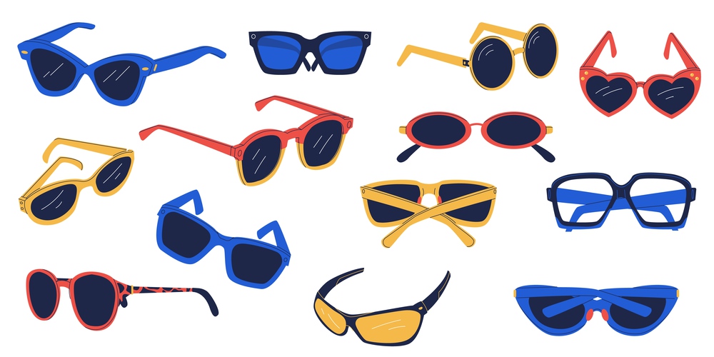 Different glasses. Doodle cartoon sunglasses plastic metal frames, colorful eyeglasses fashion accessories for sun protection. Vector isolated set of plastic fashion sunglasses illustration. Different glasses. Doodle cartoon sunglasses plastic metal frames, colorful eyeglasses fashion accessories for sun protection. Vector isolated set