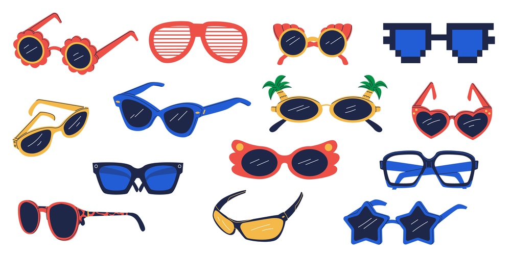 Party glasses. Funny sunglasses hippy groovy psychedelic retro style, cartoon geometric fashion eyewear icons different frames and forms. Vector collection of glasses to party illustration. Party glasses. Funny sunglasses hippy groovy psychedelic retro style, cartoon geometric fashion eyewear icons different frames and forms. Vector collection