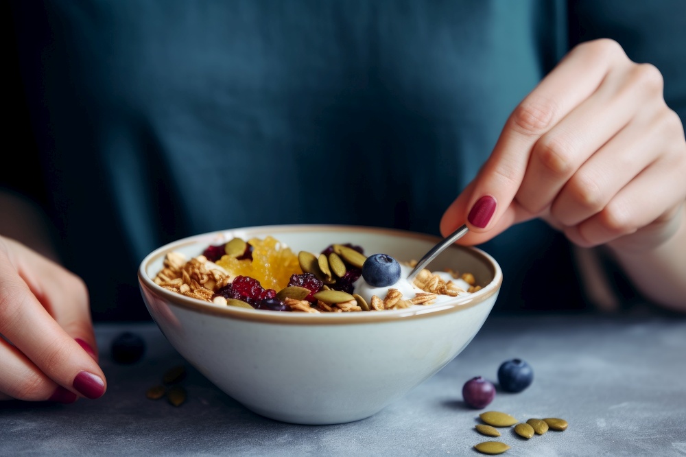 Yogurt granola bowl. Healthy breakfast. Generate Ai. Yogurt granola bowl. Generate Ai