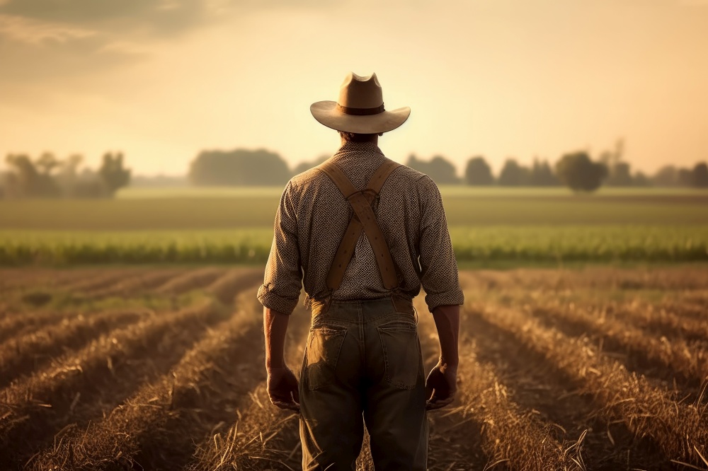 American farmer adult. Corn clean field. Generate Ai. American farmer adult. Generate Ai