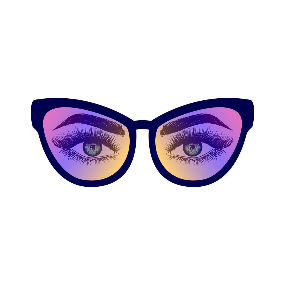 Hand drawn female eyes with colorful eyeglasses.