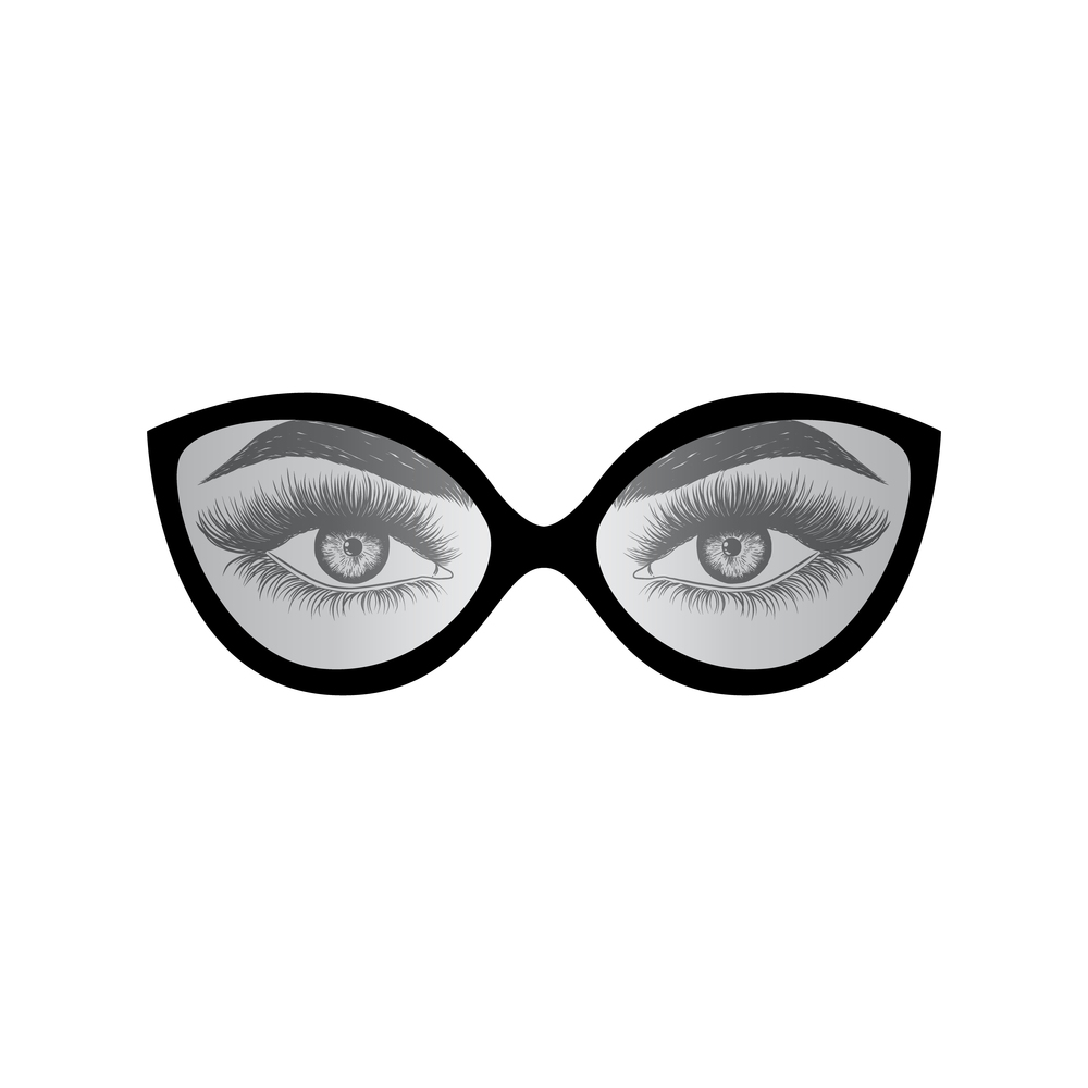 Hand drawn female eyes with eyeglasses.