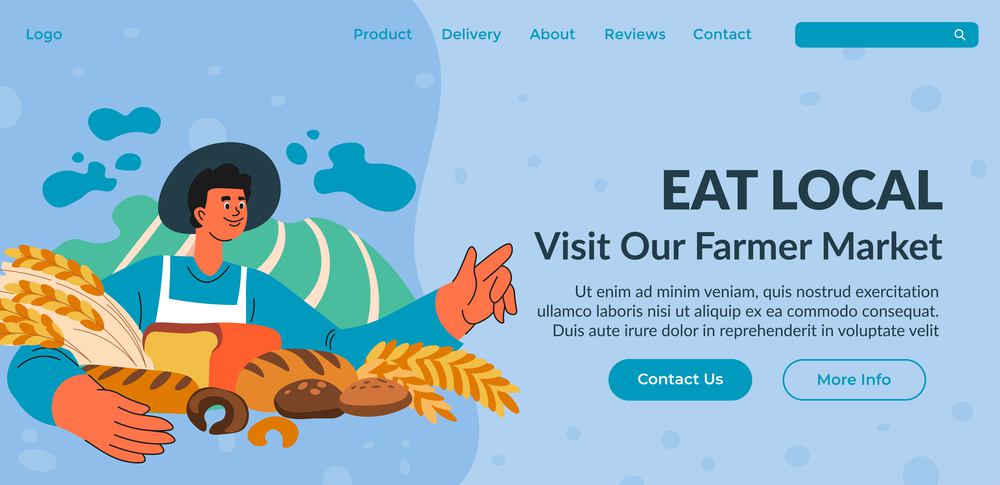 Visit our farmer market and eat local food and products. Freshly baked bread and buns, baguette and pastry from baker. Organic meal. Website landing page, internet site. Vector in flat style. Eat local, visit our farmer market, website page