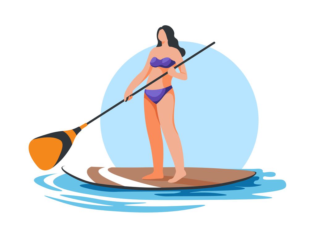 Standup paddleboarding, isolated woman wearing swimming suit standing on board with ore. Sportive female character on vacation. Summer activity and active lifestyle by seaside. Vector in flat style. Paddle boarding, sup sports summer activity vector