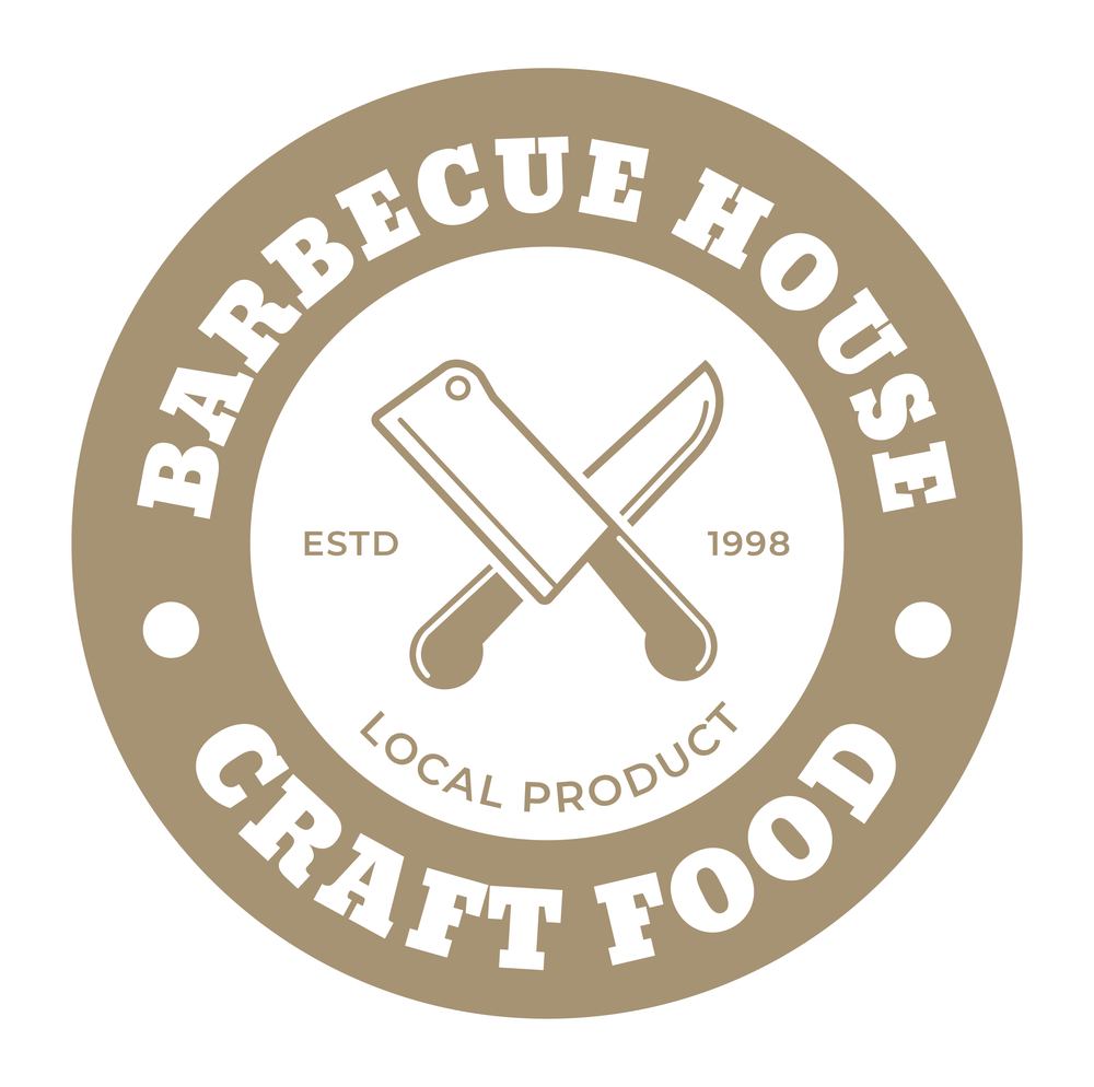 Craft food and local products for cooking and preparing food. Butcher shop or store, fresh meat and grill on dinner or lunch. Promotional banner or label, emblem or logotype. Vector in flat style. Barbeque house, craft food, local product logo