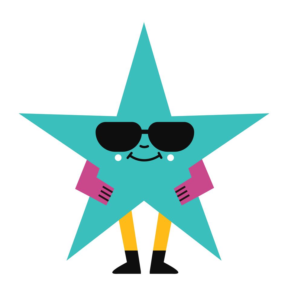 Character in shape of star. Isolated form wearing sunglasses and smiling. Happy personage with hands and legs. Childish drawing or crafted application with facial expression. Vector in flat style. Star shaped character with sunglasses and smile