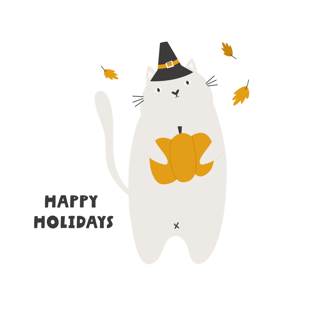 Flat vector illustration of a funny cat with pumpkin. Perfect for holiday prints, greeting cards, frame art. Flat vector illustration of a funny cat with pumpkin