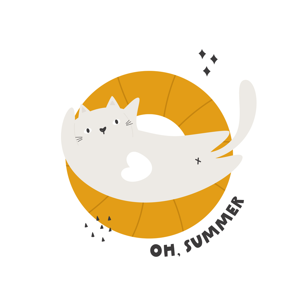 Flat vector illustration with a funny cat lying on floating ring. Perfect for prints, greeting cards, frame art. Flat vector illustration with a funny cat lying on floating ring