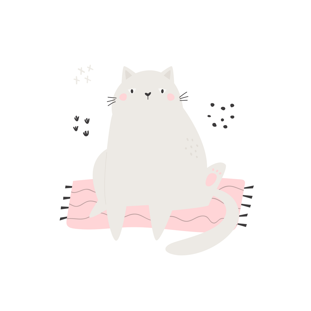 Flat vector illustration with a funny cat on a pink carpet. Perfect for prints, greeting cards, frame art. Flat vector illustration with a funny cat on a pink carpet