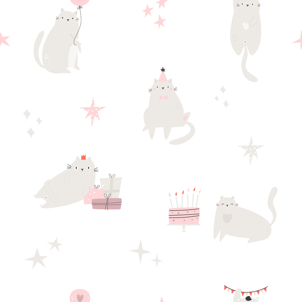 Seamless pattern with funny party cats. Cute design for fabric prints, wrapping paper, clothing. Seamless pattern with funny party cats.