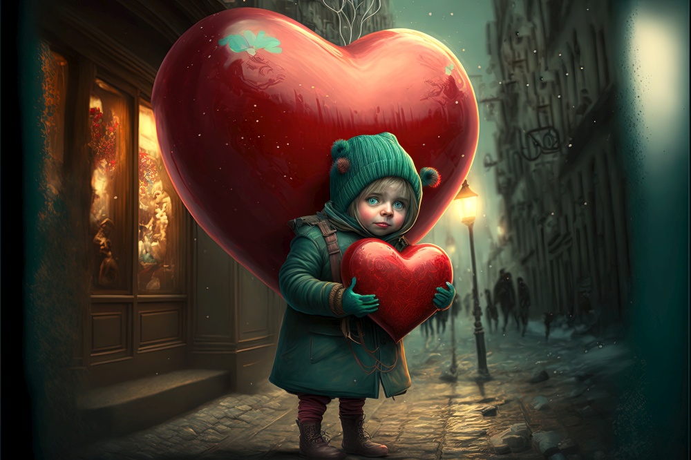 Small tender girl carring a big heart on her back. Giving love. Snowed Street at night. Generative AI