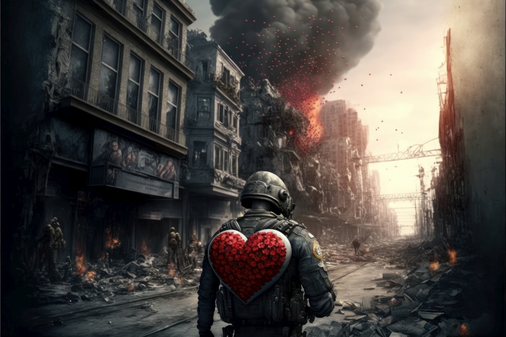 Love in the war. City destroyed by war or by a great disaster. Hope in the chaos. Generative Ai