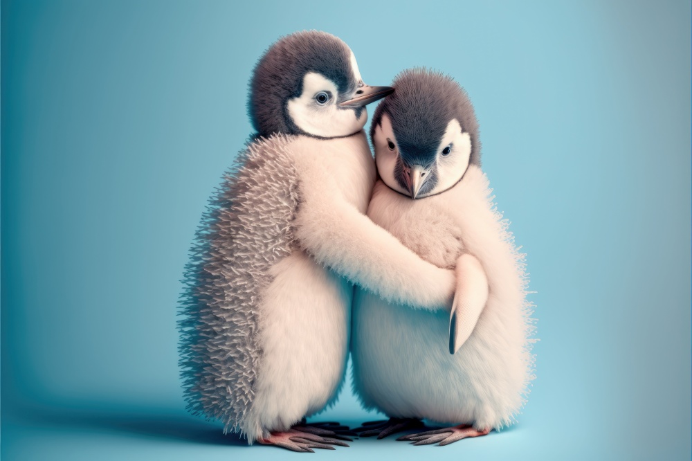 Penguins in love. Cute lovers on blue background. Generative AI