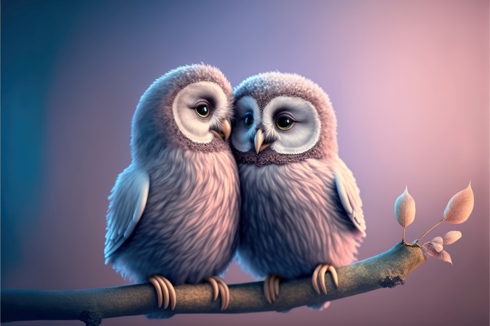 Owls in love. Cute lovers close together. Generative AI