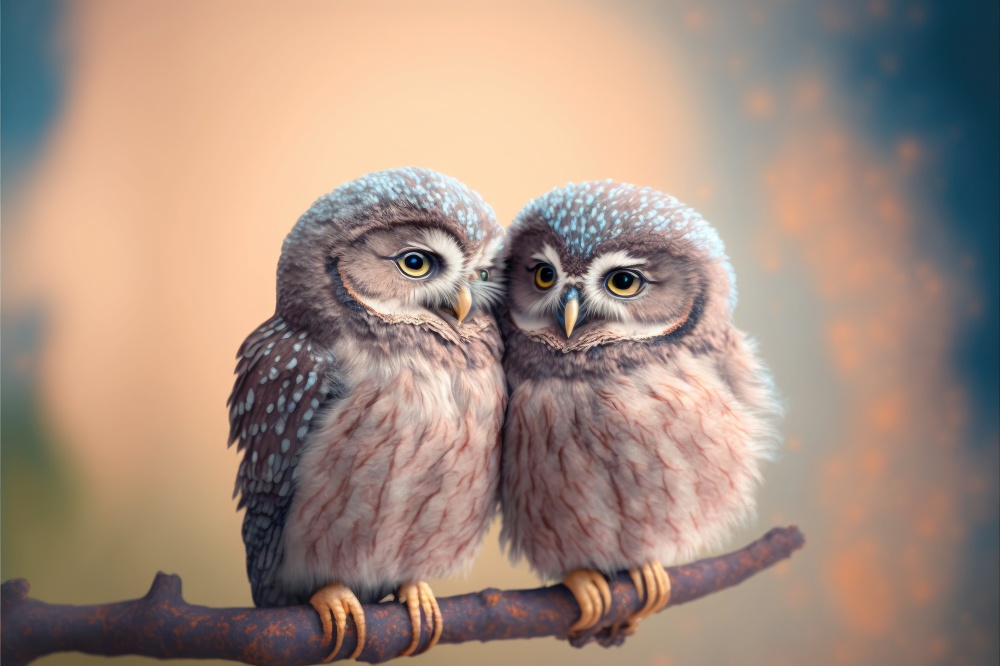 Owls in love. Cute lovers close together. Generative AI .