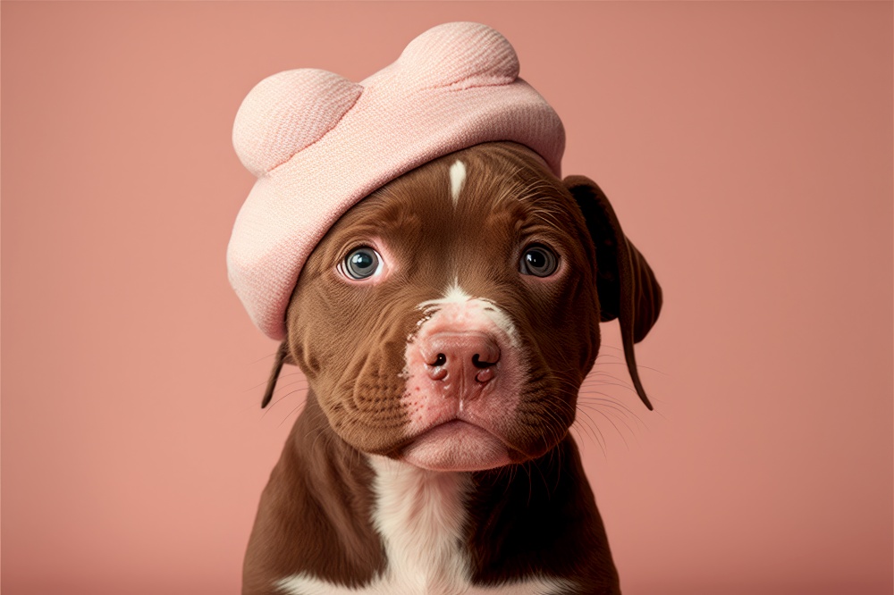 Lovable, pretty puppy, with heart shaped funny hat . Close-up, indoors. Color background. Concept of love and terness. Generative AI